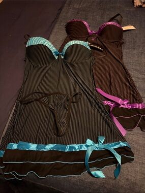 Black Pinstripe Chemise with Teal Satin Trim